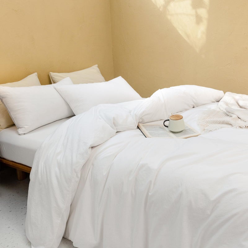 FOSSA White Duvet Cover Set, 100% Washed Cotton Linen Feel Super Soft Breathable Cozy 3 Pieces Bedding Sets Solid Off White Queen - Image 4